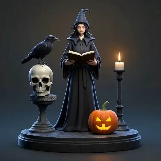 2976 Witch with Spell book, Skull, Raven and Pumpkin monster