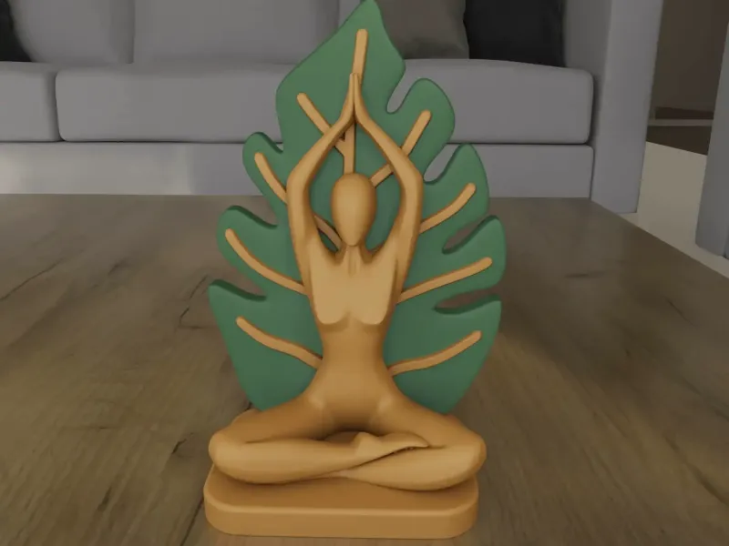 Zen Yoga Meditation Statue with Monstera Leaf Decor 3D Print