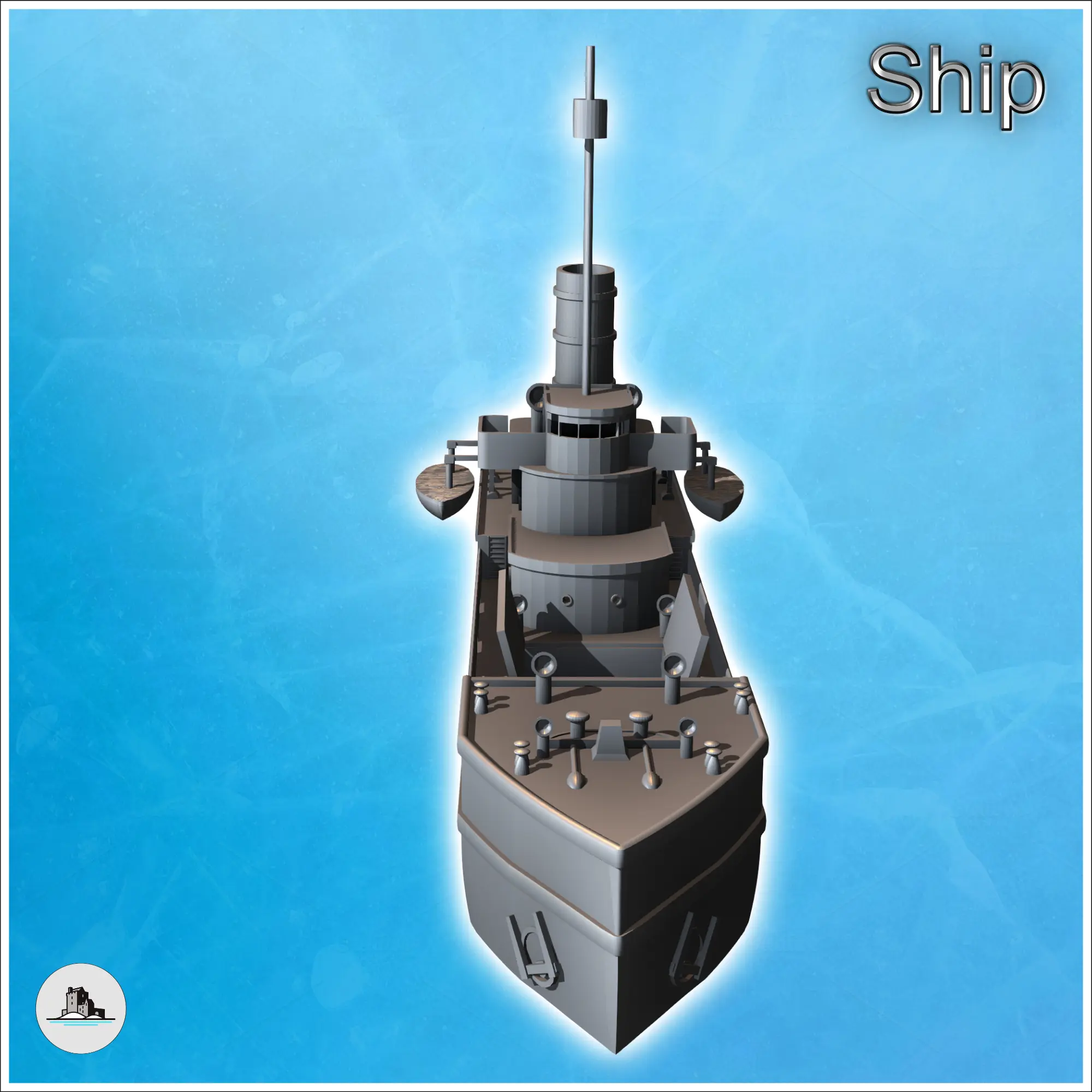 Modern cargo ship with open hold, observation mast, and life