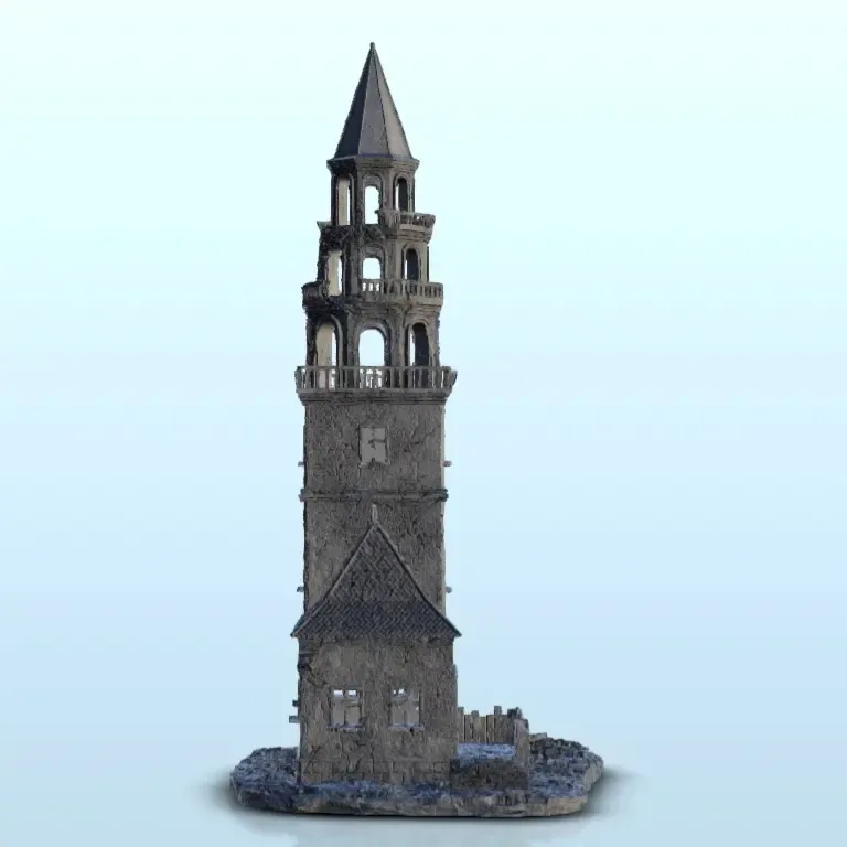 Ruined bell tower with house 13 - WW2 Terrain scenery