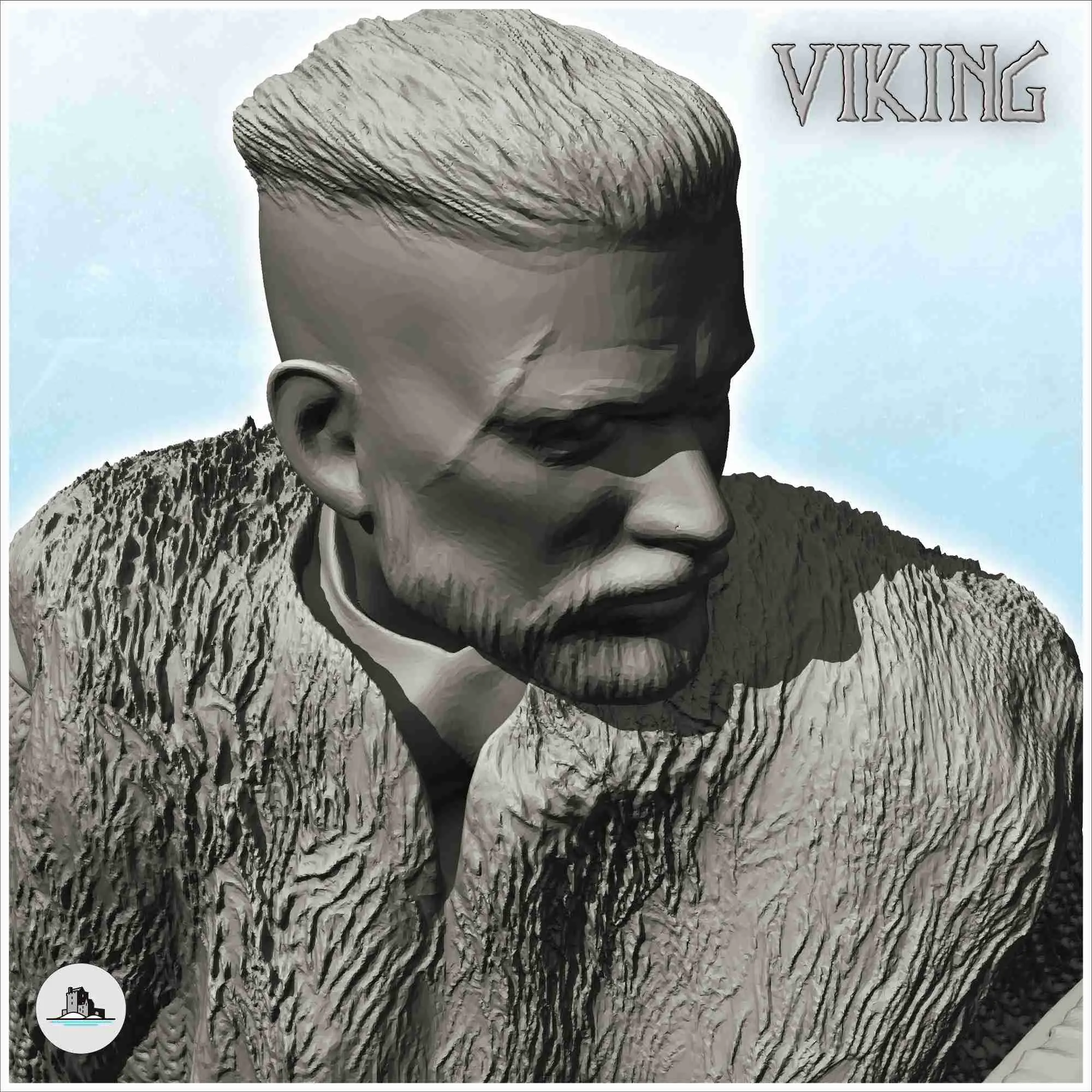 Războinic viking în poziție de luptă cu scut și sabie
