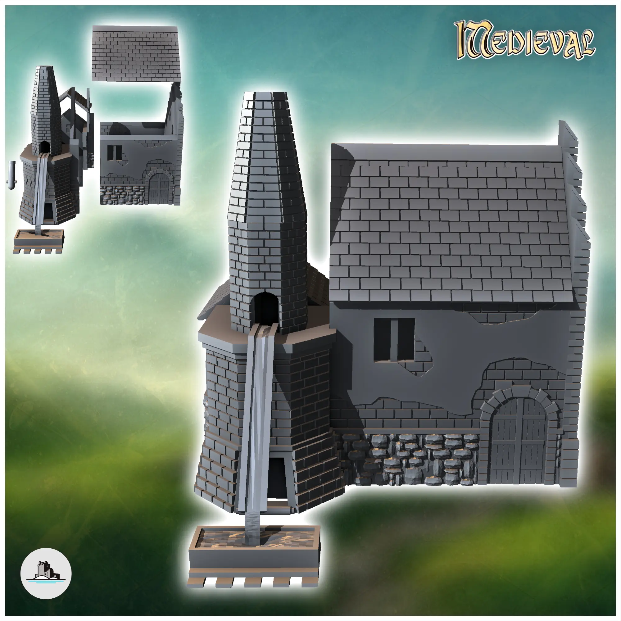 Herrería medieval con gran chimenea de ladrillo y outd