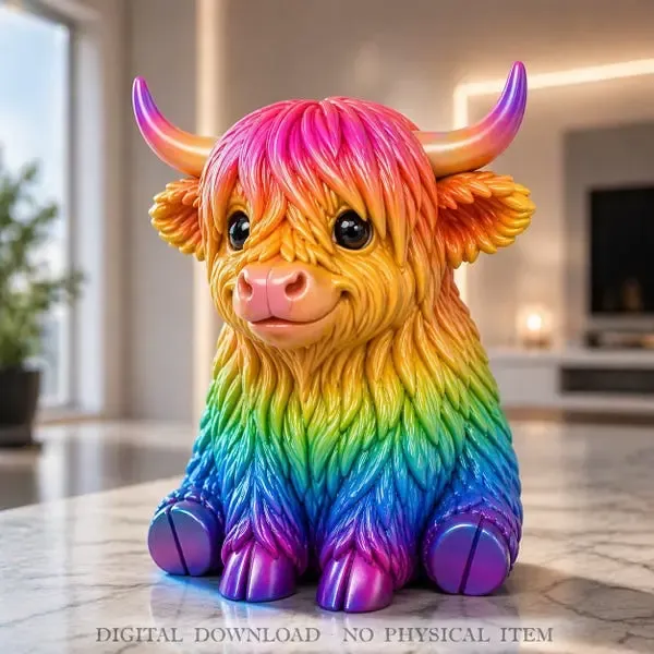 Rainbow Highland Cow STL – Cute Fantasy Animal Statue