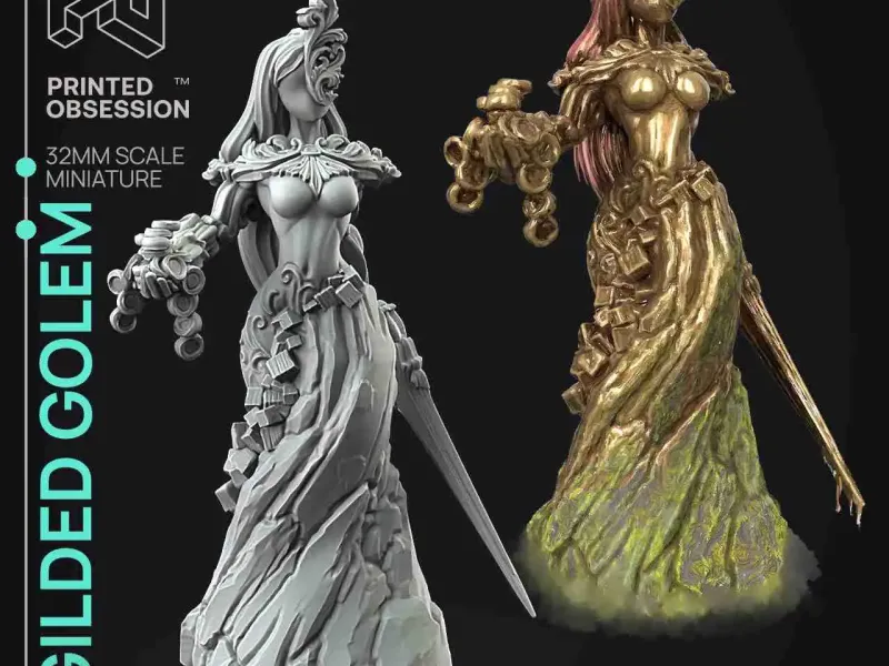 Gilded Golem- Flesh of Gold-Presupported - Illustrated and S