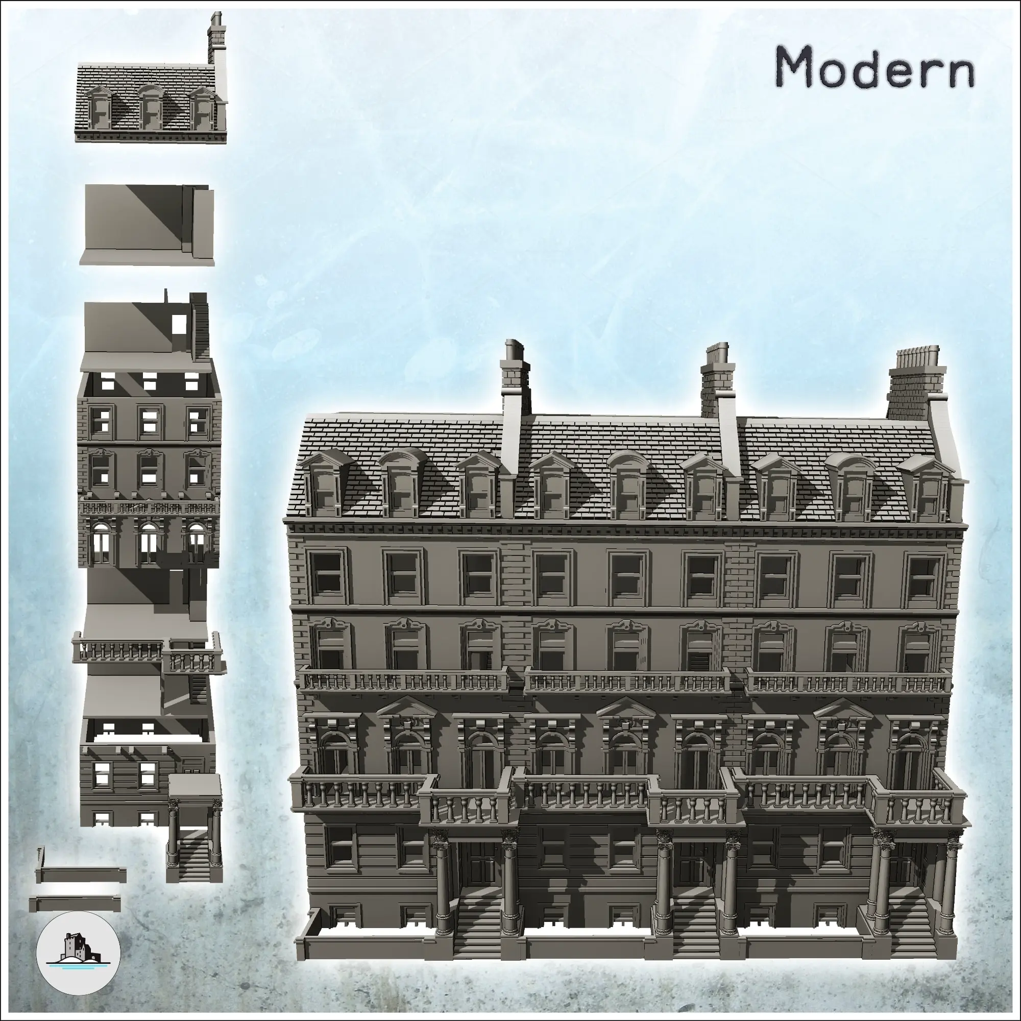 Large modern building with balcony and chimneys with low wal