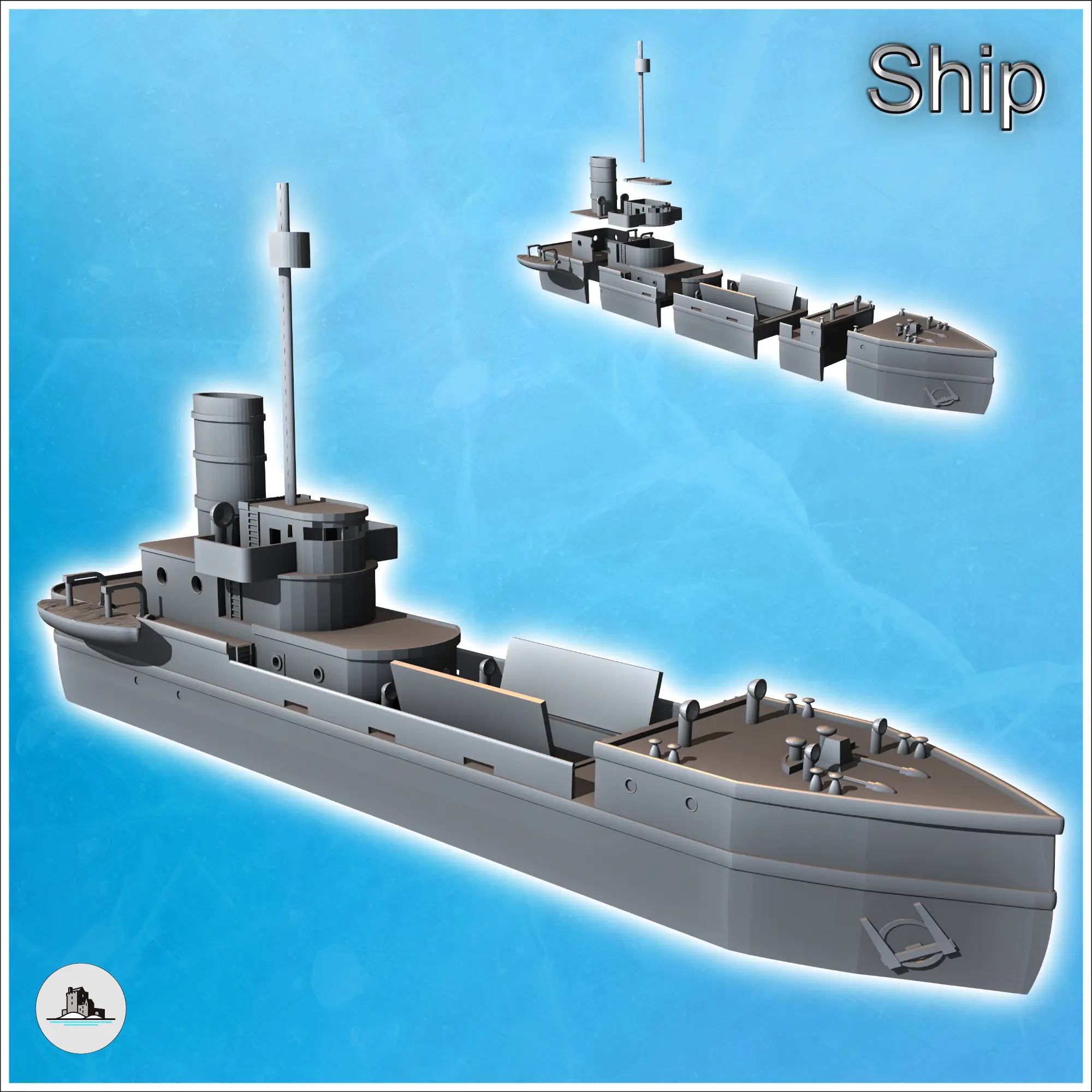 Modern cargo ship with open hold, observation mast, and life