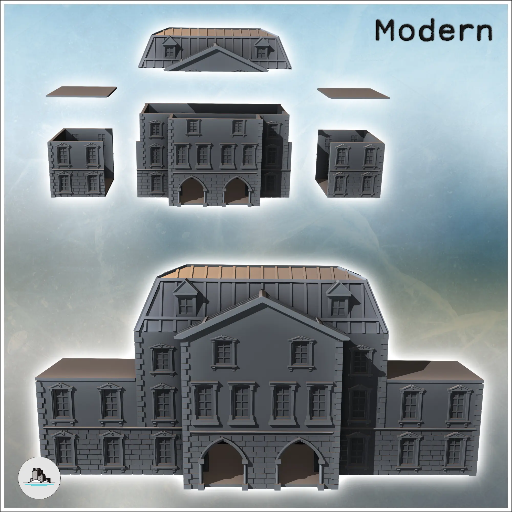 Large building with a zinc roof hewn stone base and flat-roo