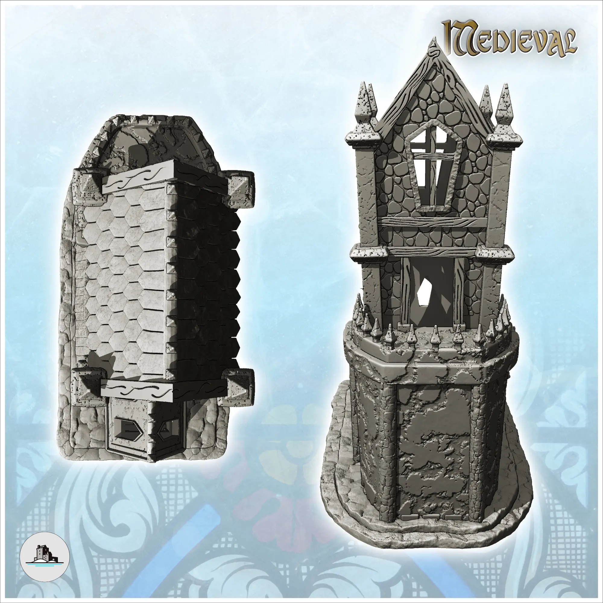 Medieval Gothic building with large stone tower and roof spi