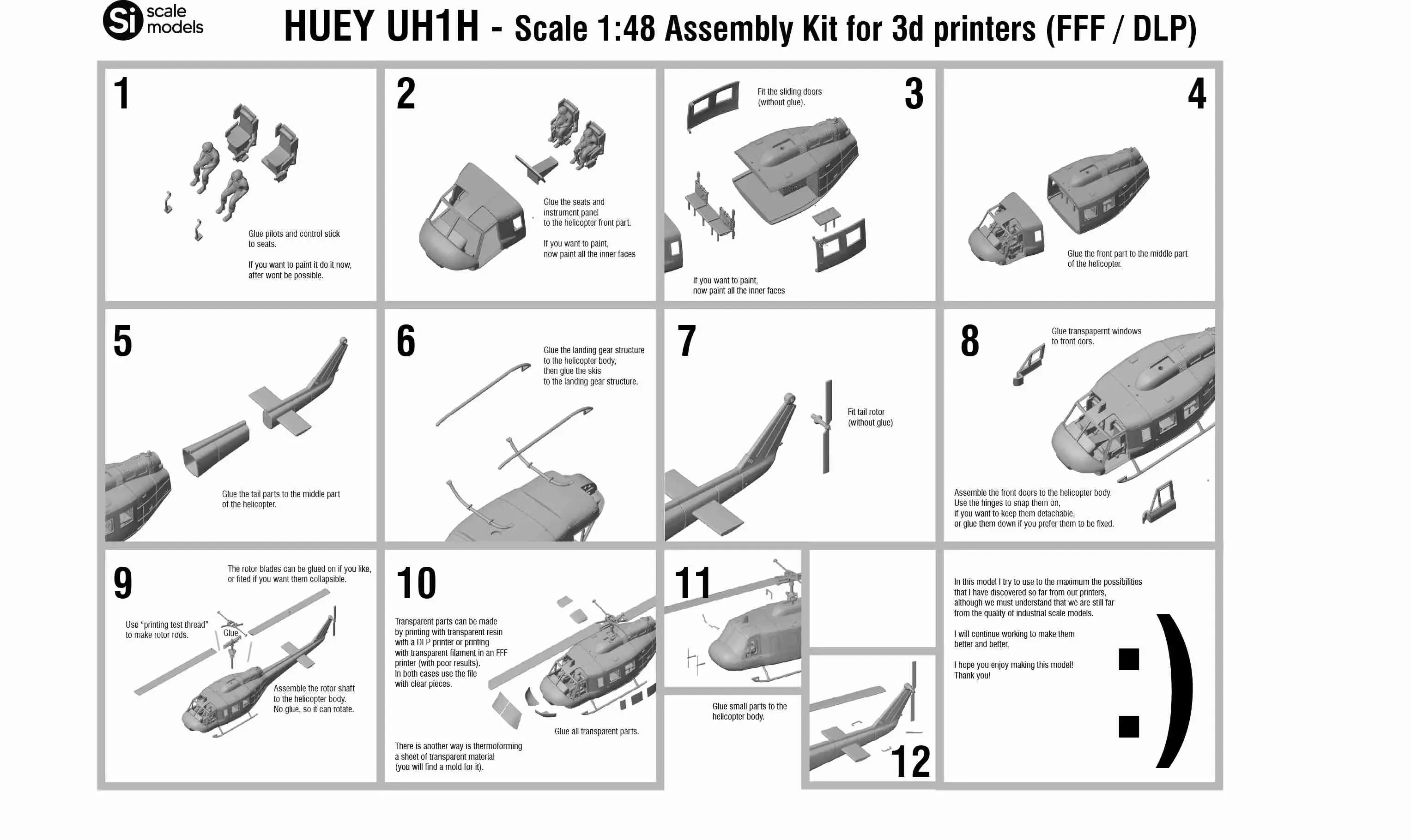 HUEY UH1H HELICOPTER PRINTABLE ASSEMBLY KIT SCALE 1 48