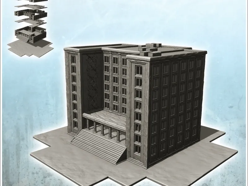 Grand bâtiment moderne à plusieurs étages avec un large escalier et des m