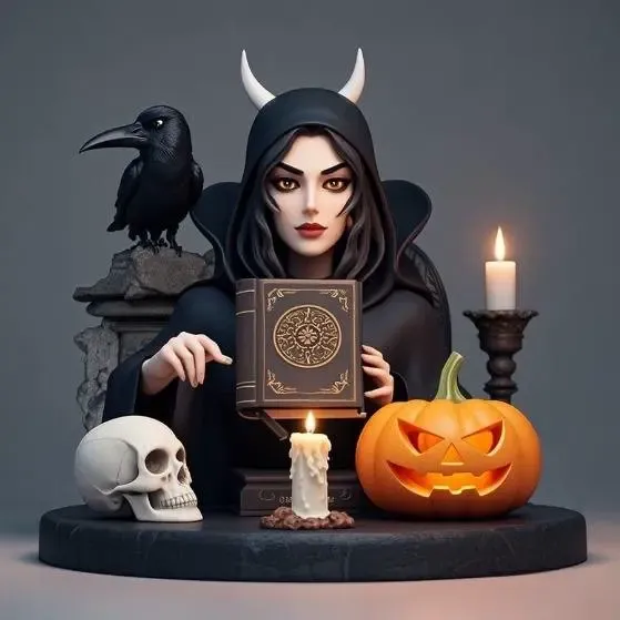 2955 Witch with Spell book, Skull, Raven, Pumpkin  monster