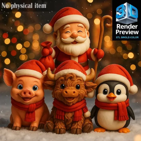 Christmas Animal Figurines STL Bundle | Santa, Pig, Bull & P