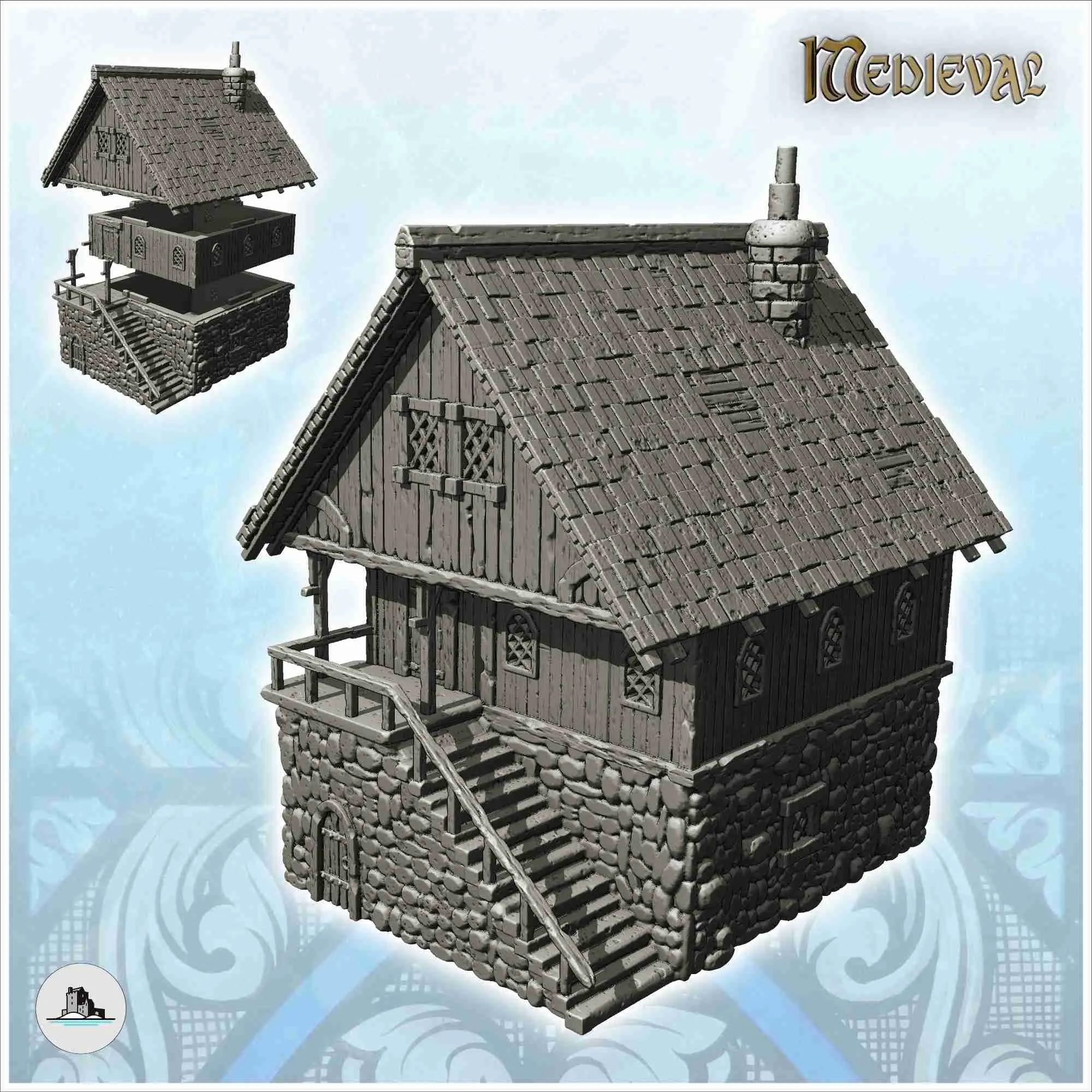 Medieval tavern with large entrance staircase and tiled roof