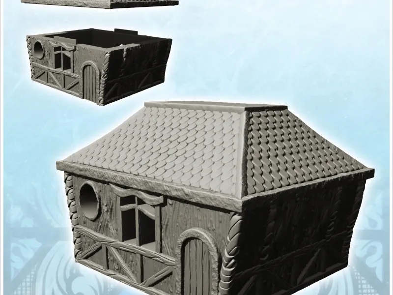 Casa medieval rectangular con tejado de tejas y ventana redonda
