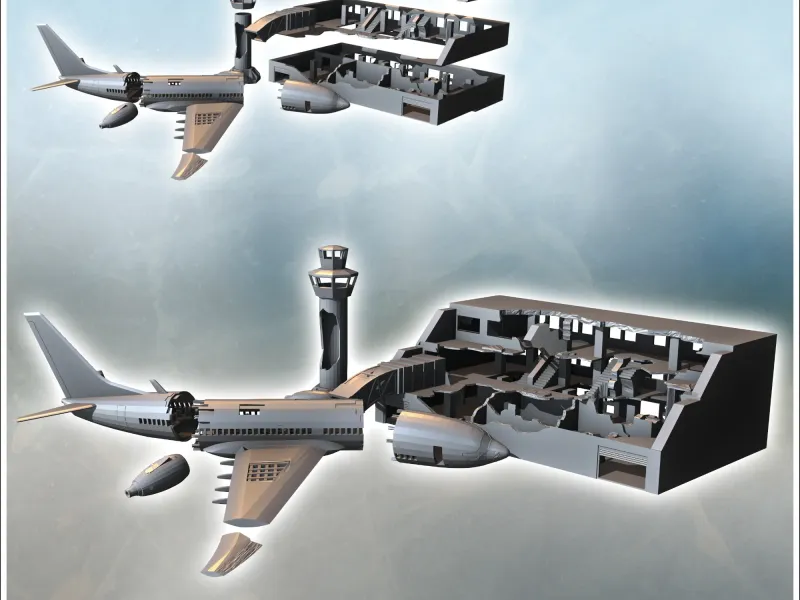 Destroyed modern airport with control tower and plane wrecka