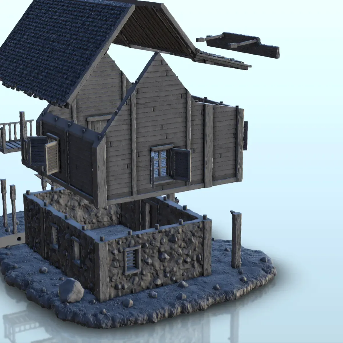 Sheriff's office in wood and stone with stairs - Terrain