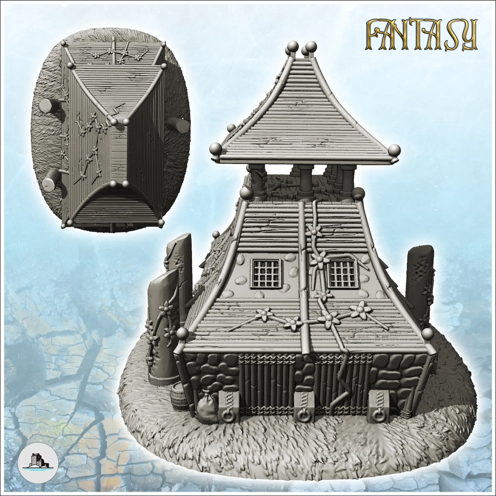 Large curved-roof medieval building with upstairs terrace an
