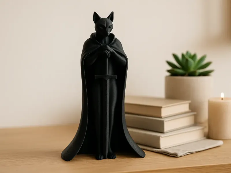 Cat Knight Sculpture - Gothic Cat Figurine in Cloak