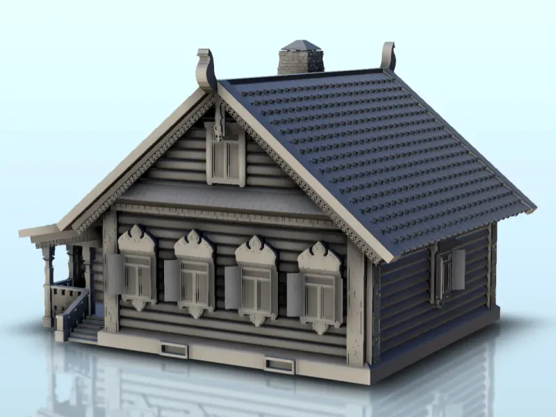 Slavic log house with fancy roof and canopy (8) - miniatures