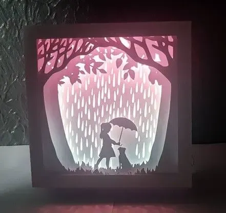 Girl and Dog in Rain light box (shadow box)