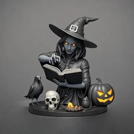 2977 Witch with Spell book, Skull, Raven and Pumpkin  beast