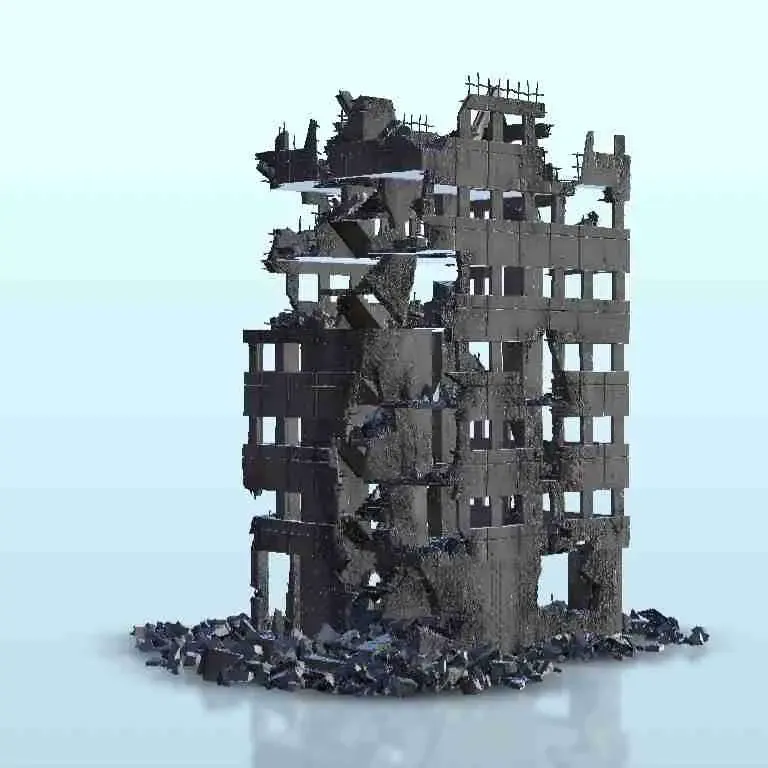 Destroyed modern appartment block 2 - modern scenery miniatu