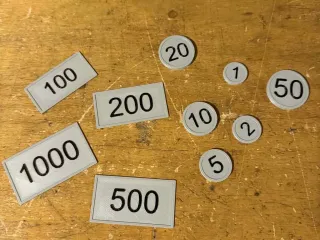 Coins, currency, tokens for playing or for a board game