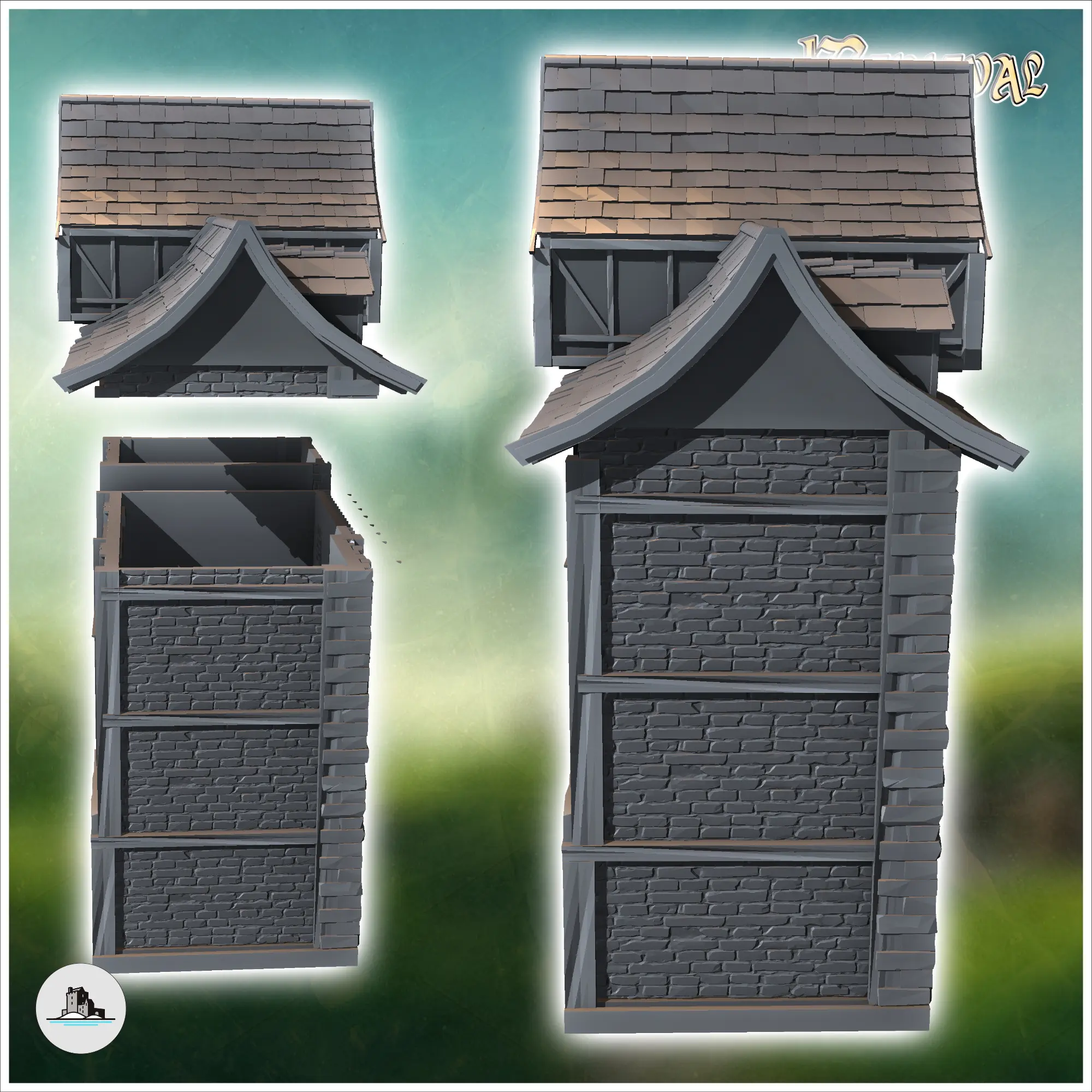 Medieval stone building with concave roof and central stairc
