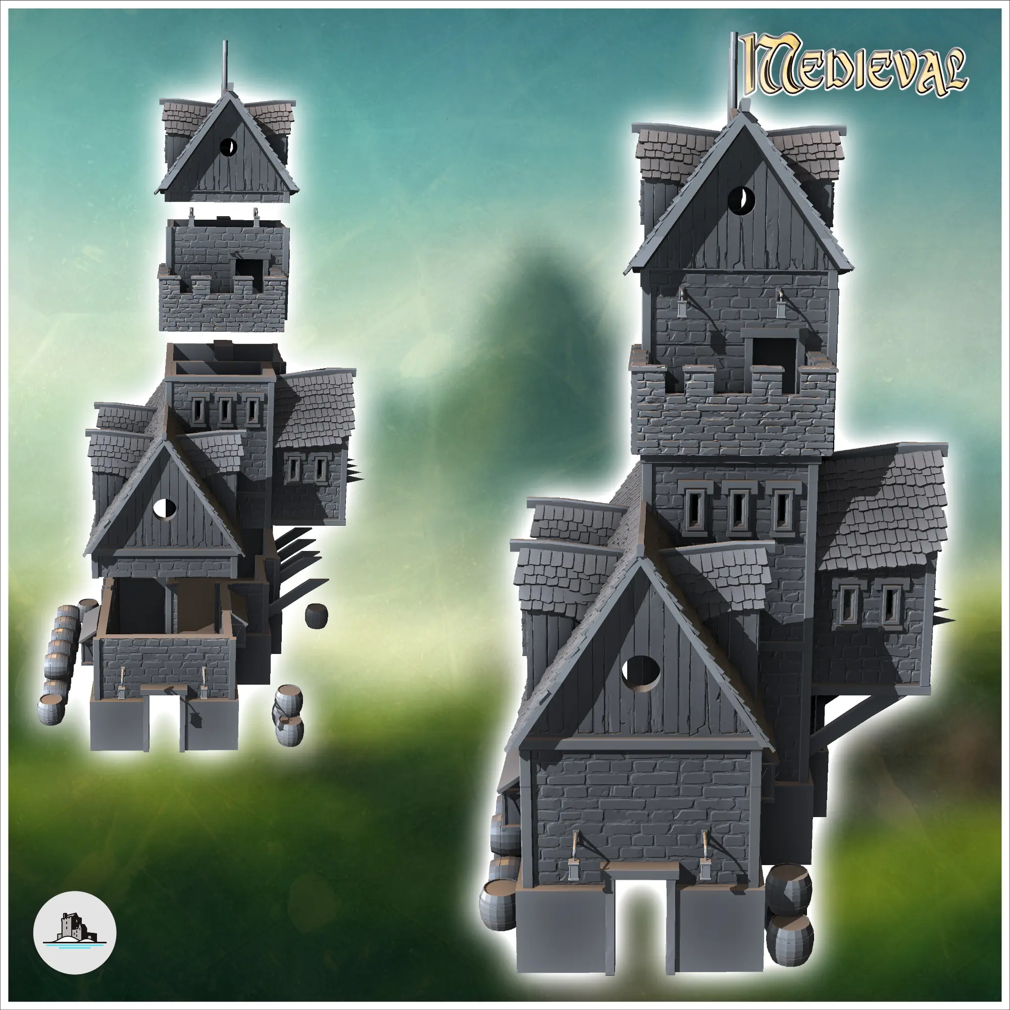 Large fortified medieval building with battlements and defen