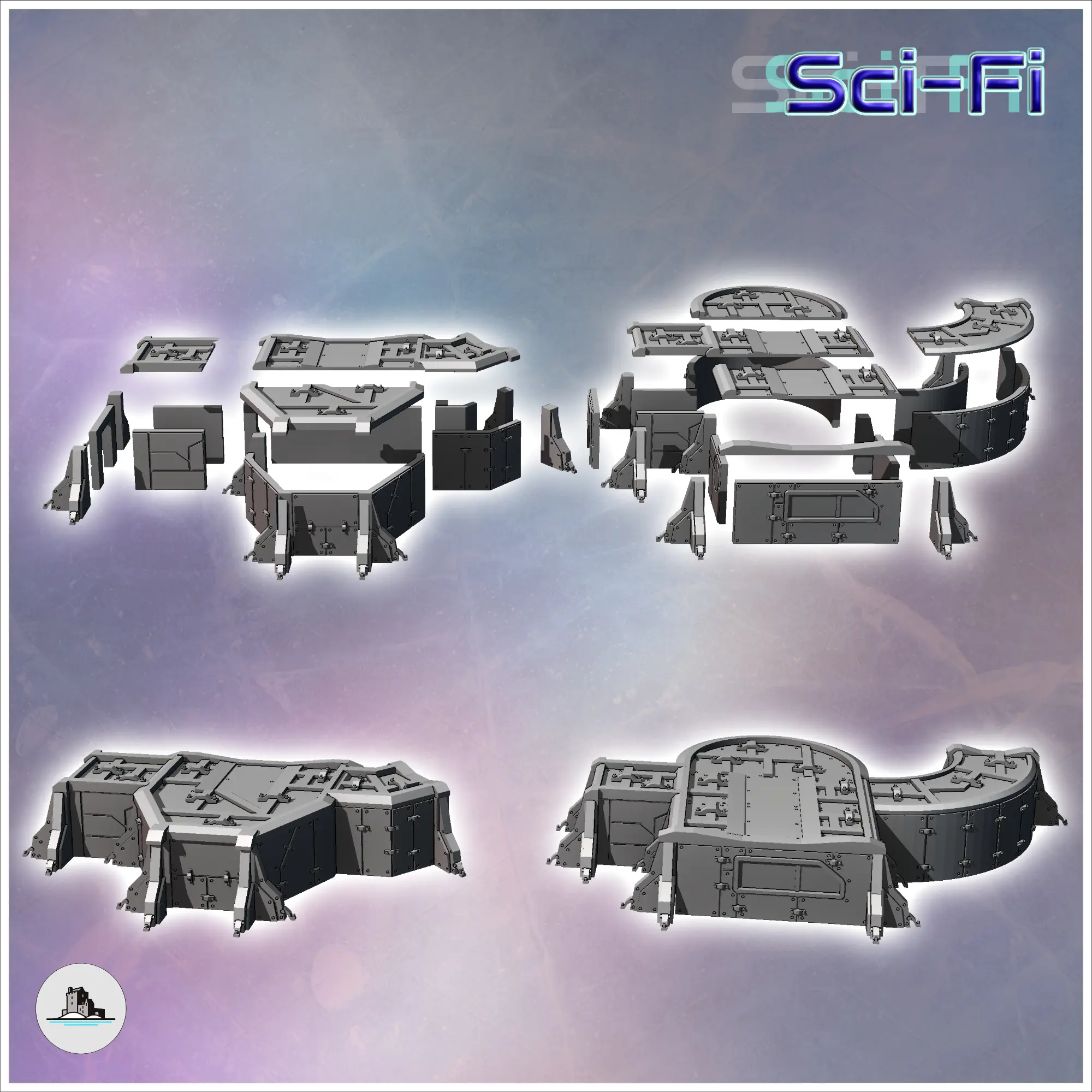 Modular futuristic Sci-Fi fortified bunker with corner metal