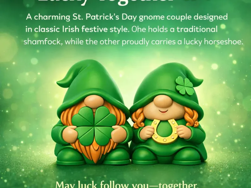 Gnome Couple Irish Lucky Pair with Shamrock & Horseshoe