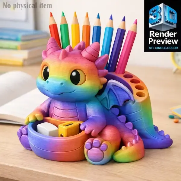 Cute Rainbow Dragon Pencil Holder | Kids Desk Organizer | 3D