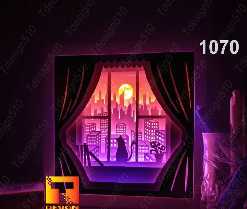 Cat window in the city V2 shadow box
