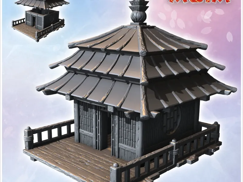 Asian building with wooden access platform and gable roof (3