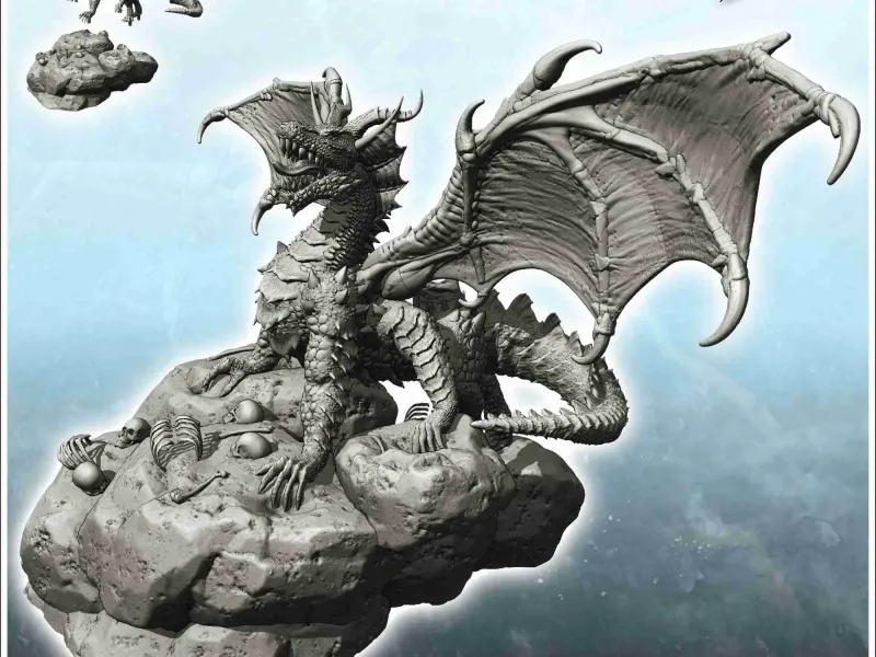 Drago su roccia con bocca aperta e ossa umane a terra