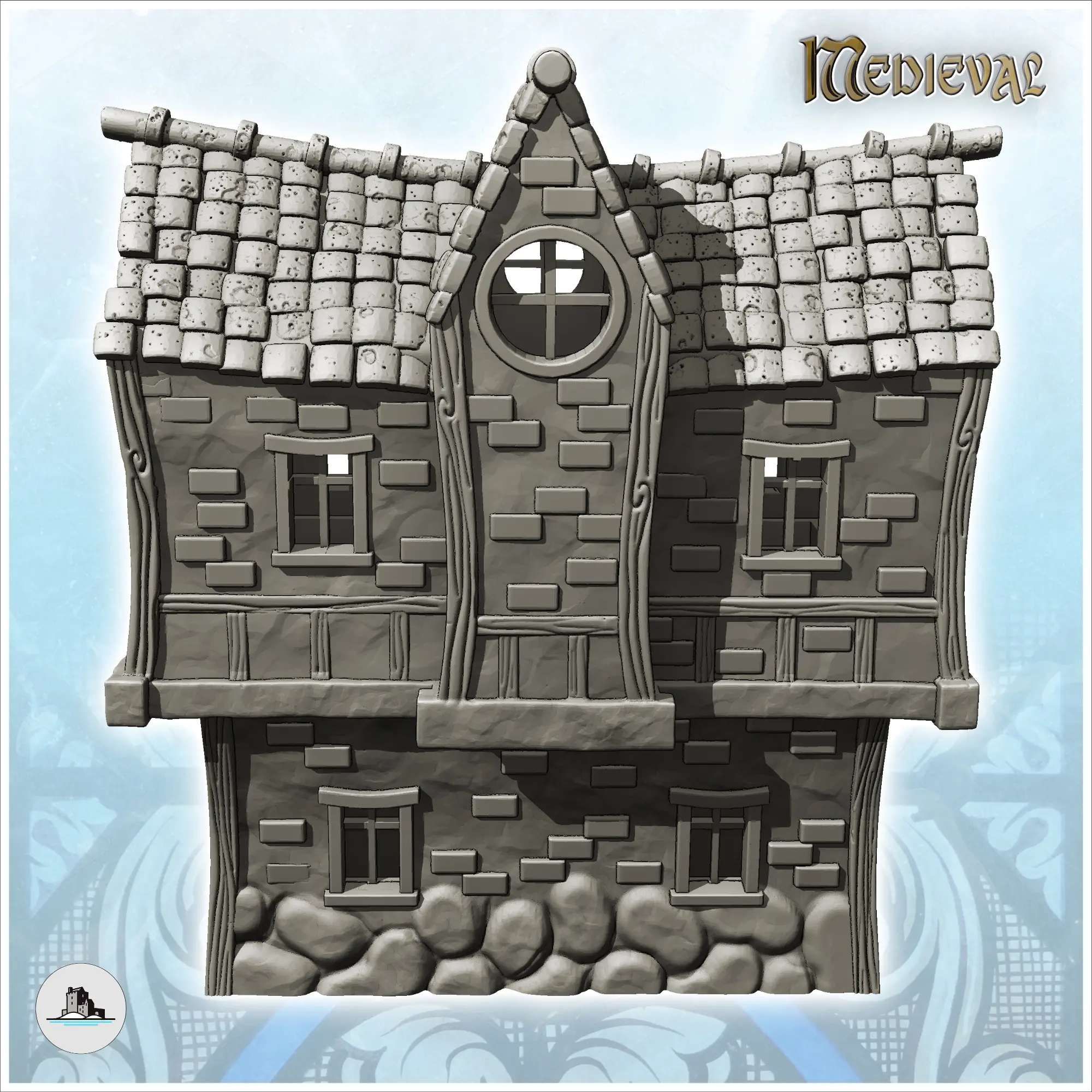 Casa medieval con vigas de madera con gran suelo de pizarra