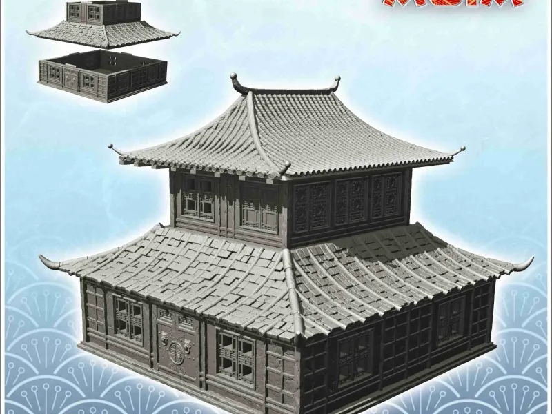 Asian building with double roofs and monumental wooden door