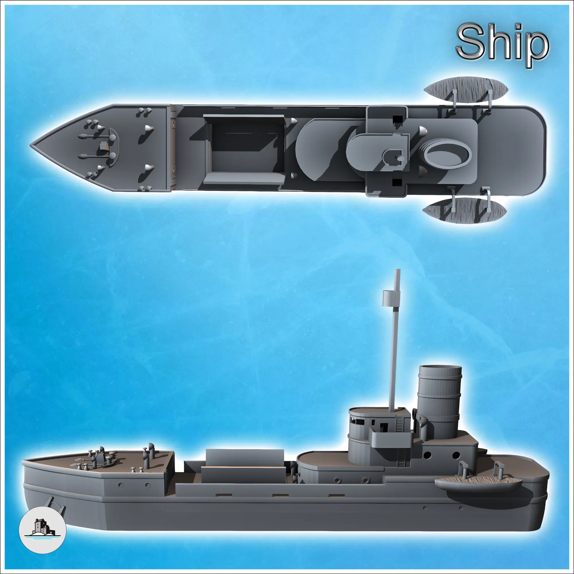 Modern cargo ship with open hold, observation mast, and life