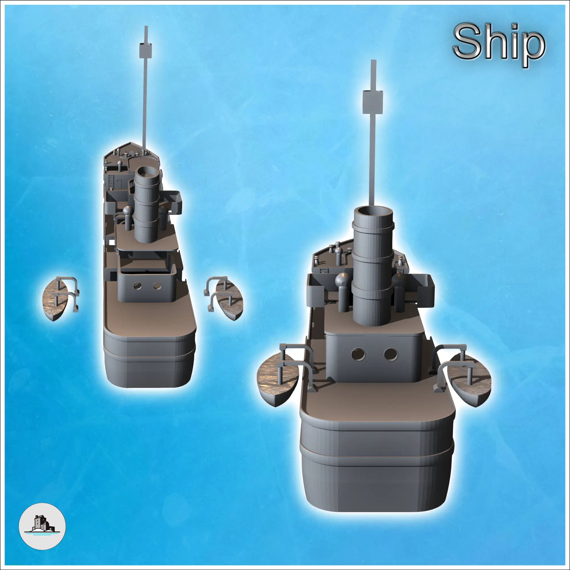 Modern cargo ship with open hold, observation mast, and life