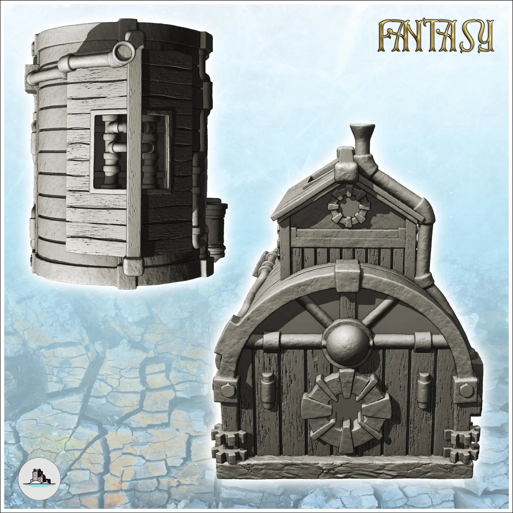 Steampunk building with exterior pipes and rounded roof (2)