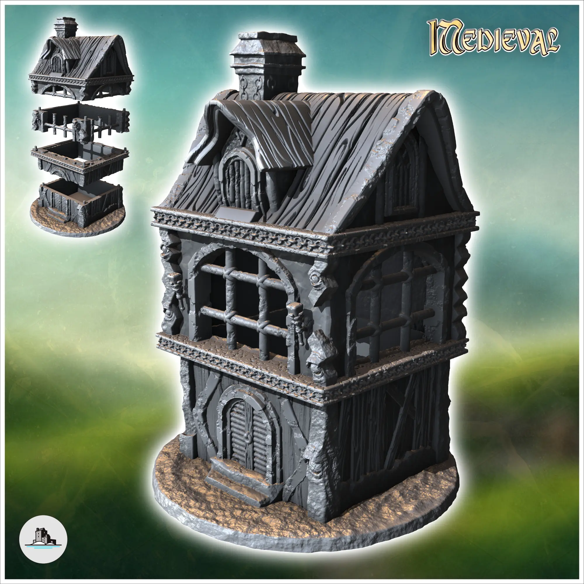 Casa medieval con dos plantas, chimenea y grandes ventanales