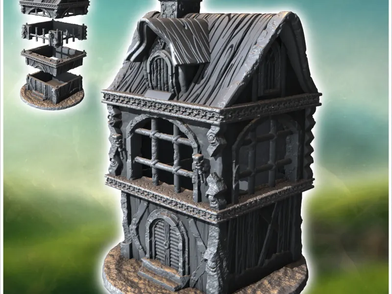 Medieval house with two floors, fireplace and large windows