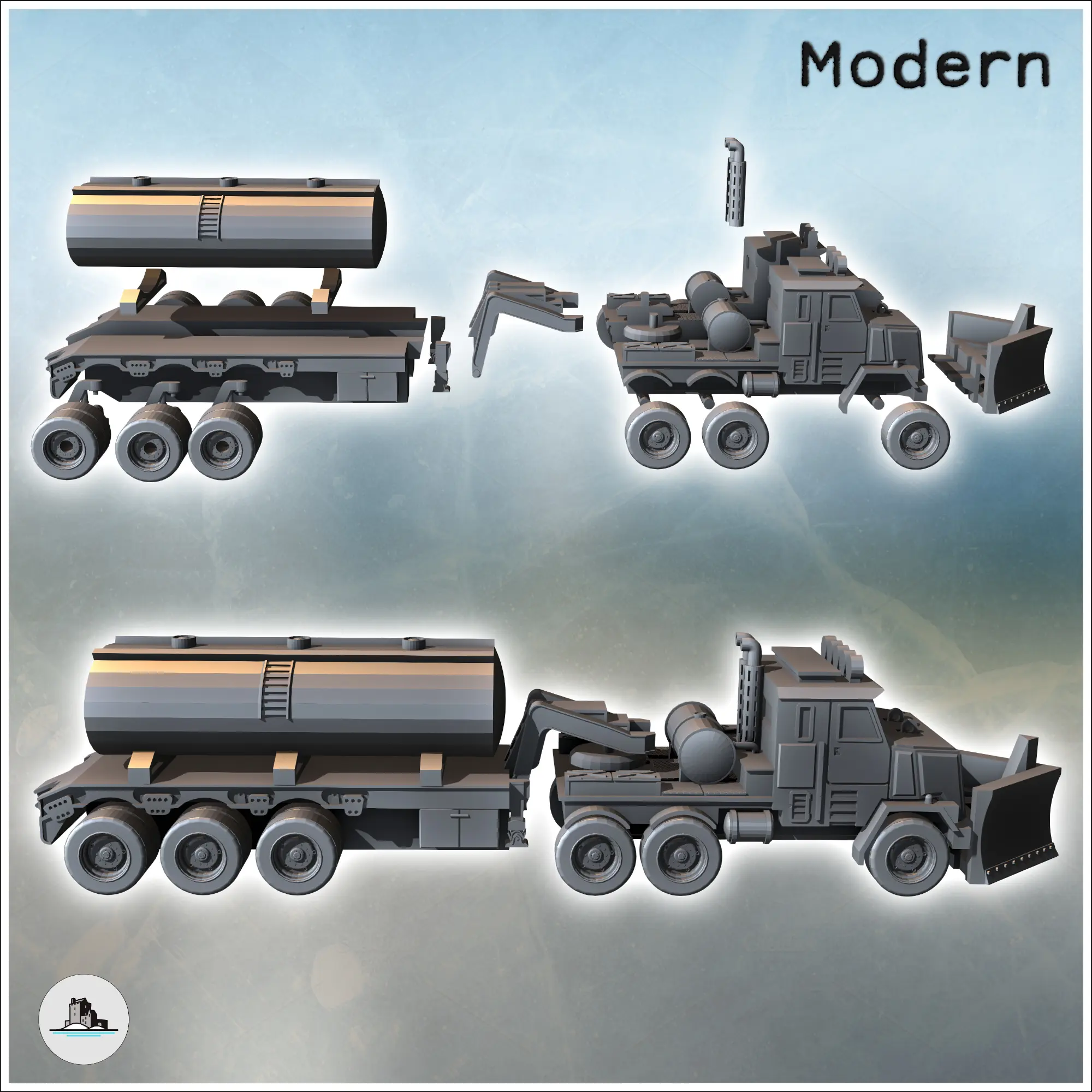 Modern Twelve-Wheel Truck with Front Blade and Rear Tank (11