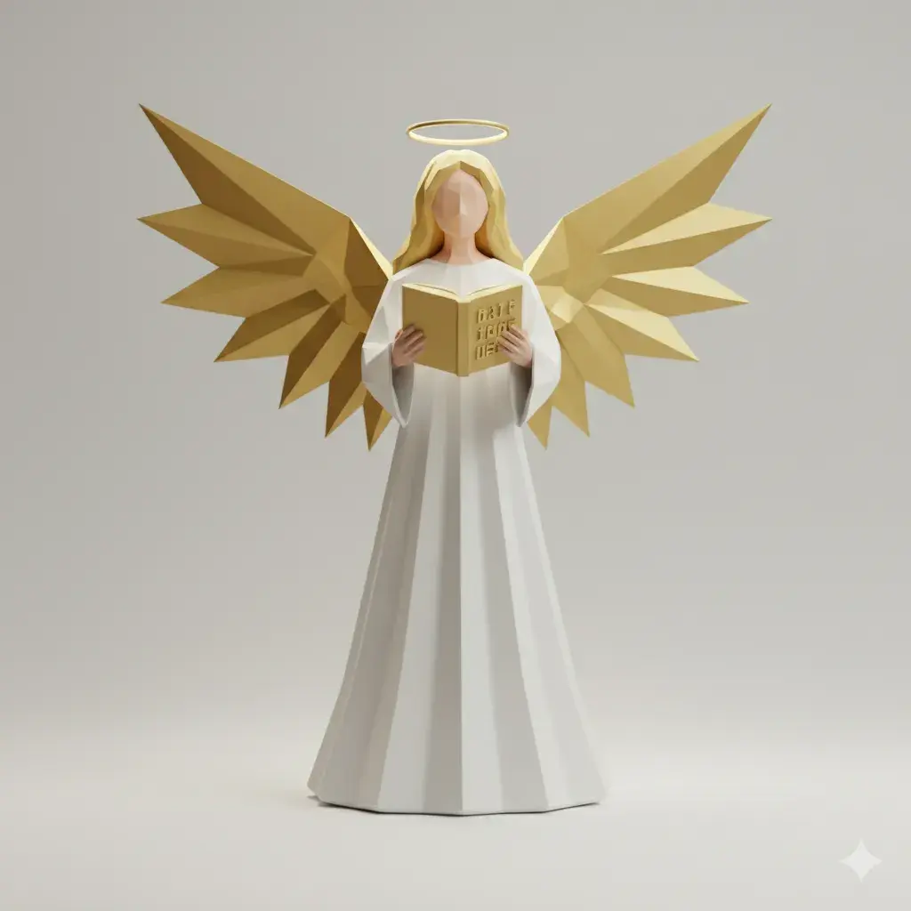 Christmas angel reads a prayer low poly