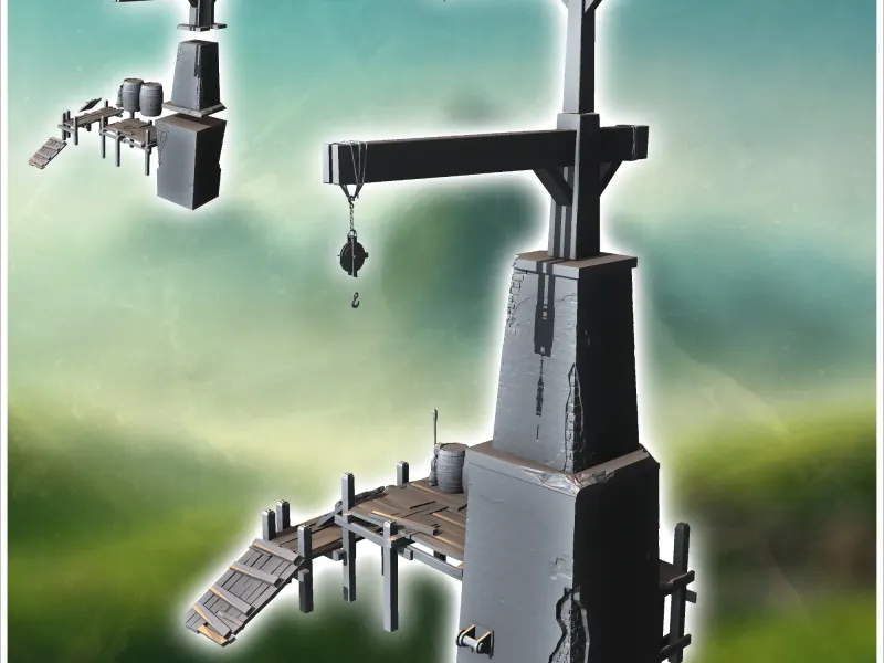 Medieval and antique loading crane with wooden pontoon (1) -