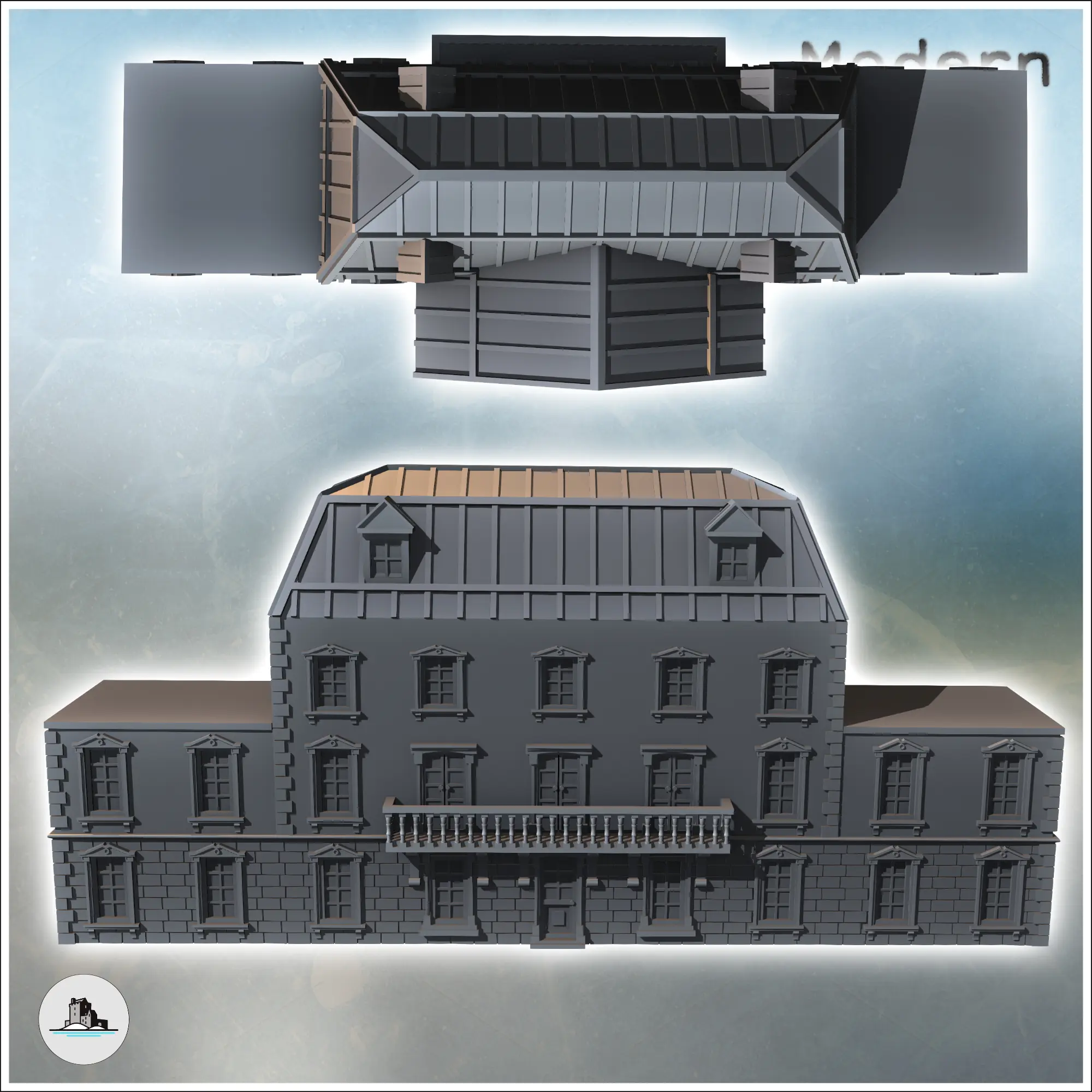 Large building with a zinc roof hewn stone base and flat-roo