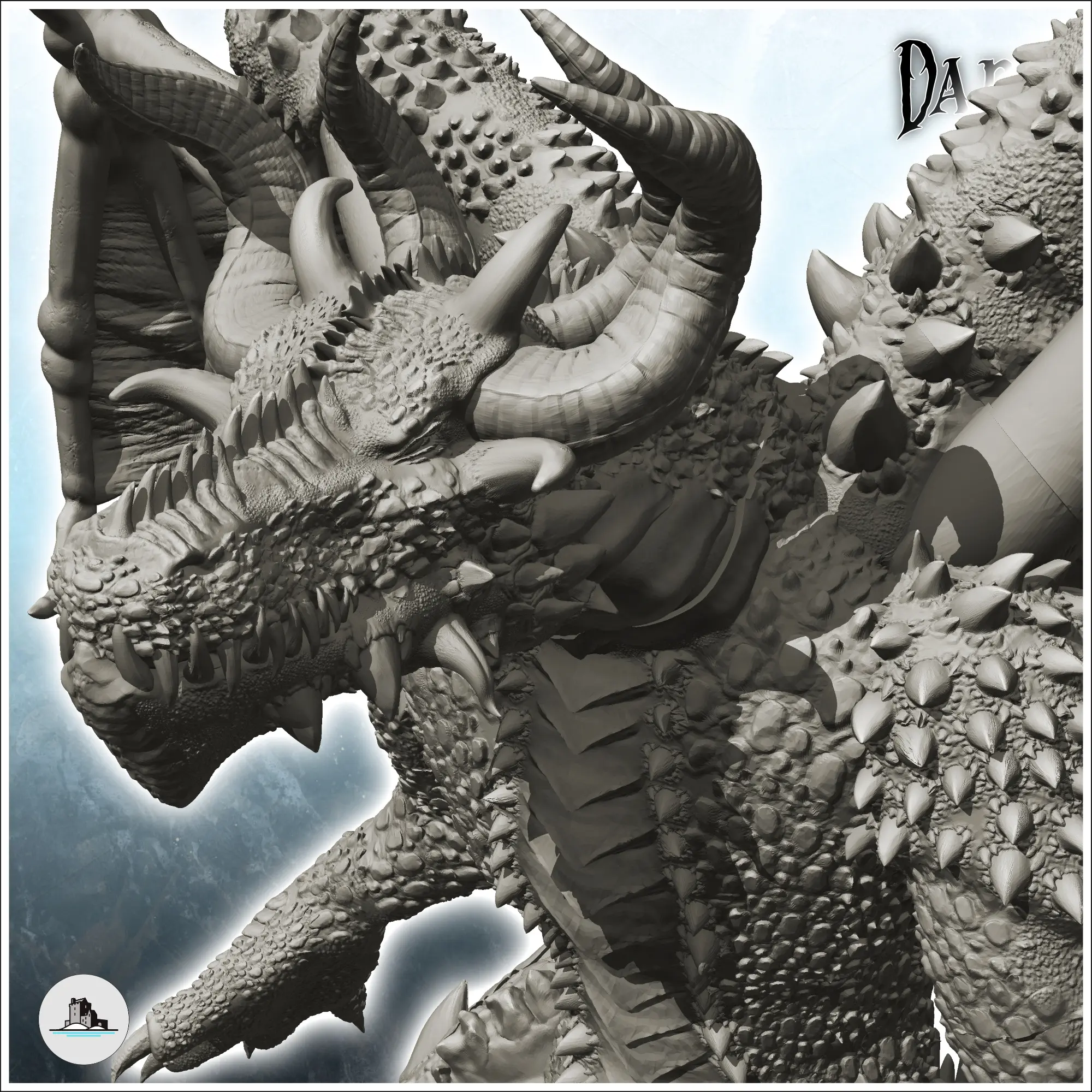 Dragón alado sobre roca y cráneos humanos sobre pinchos - figura