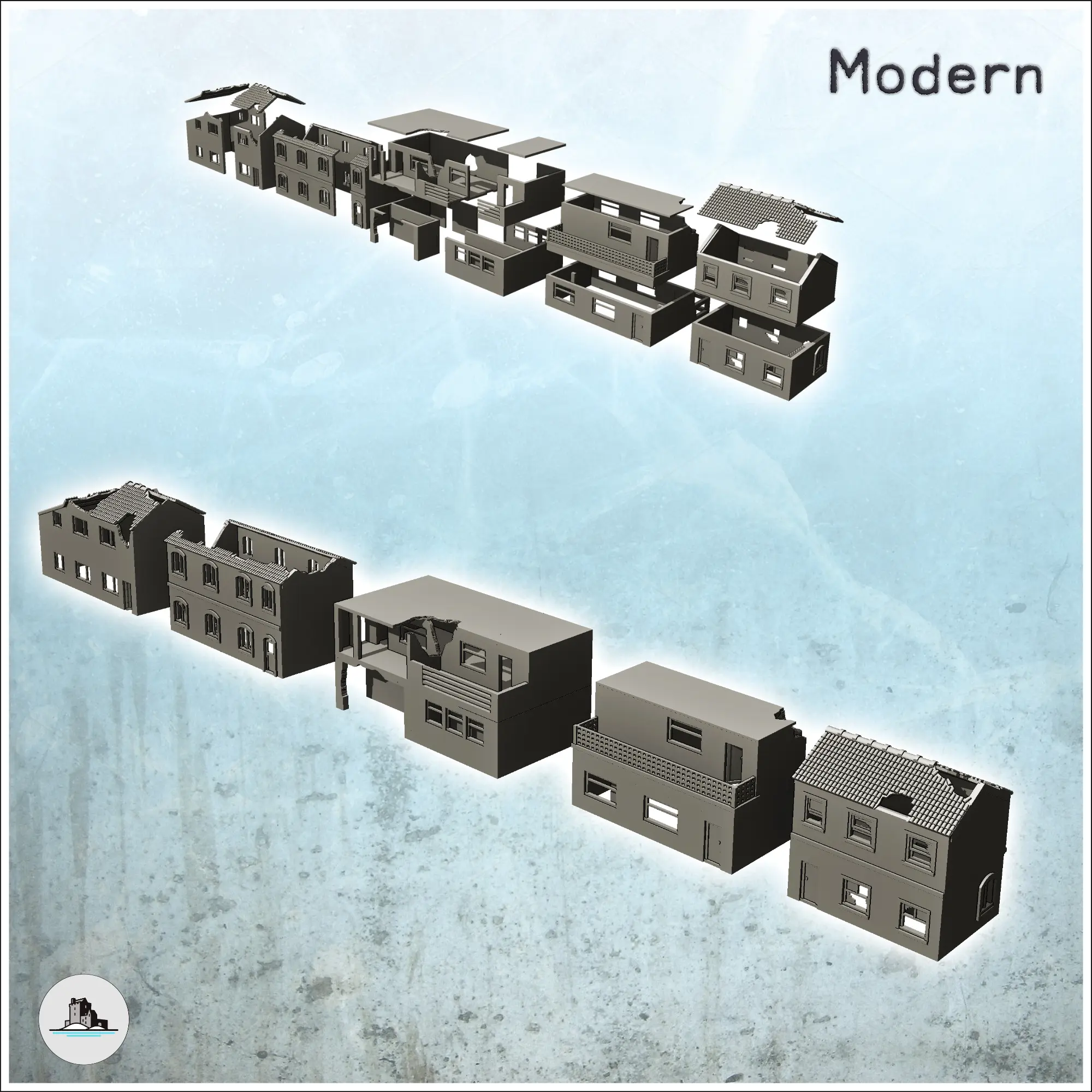 Set of modern ruined buildings with floors (3) - miniatures