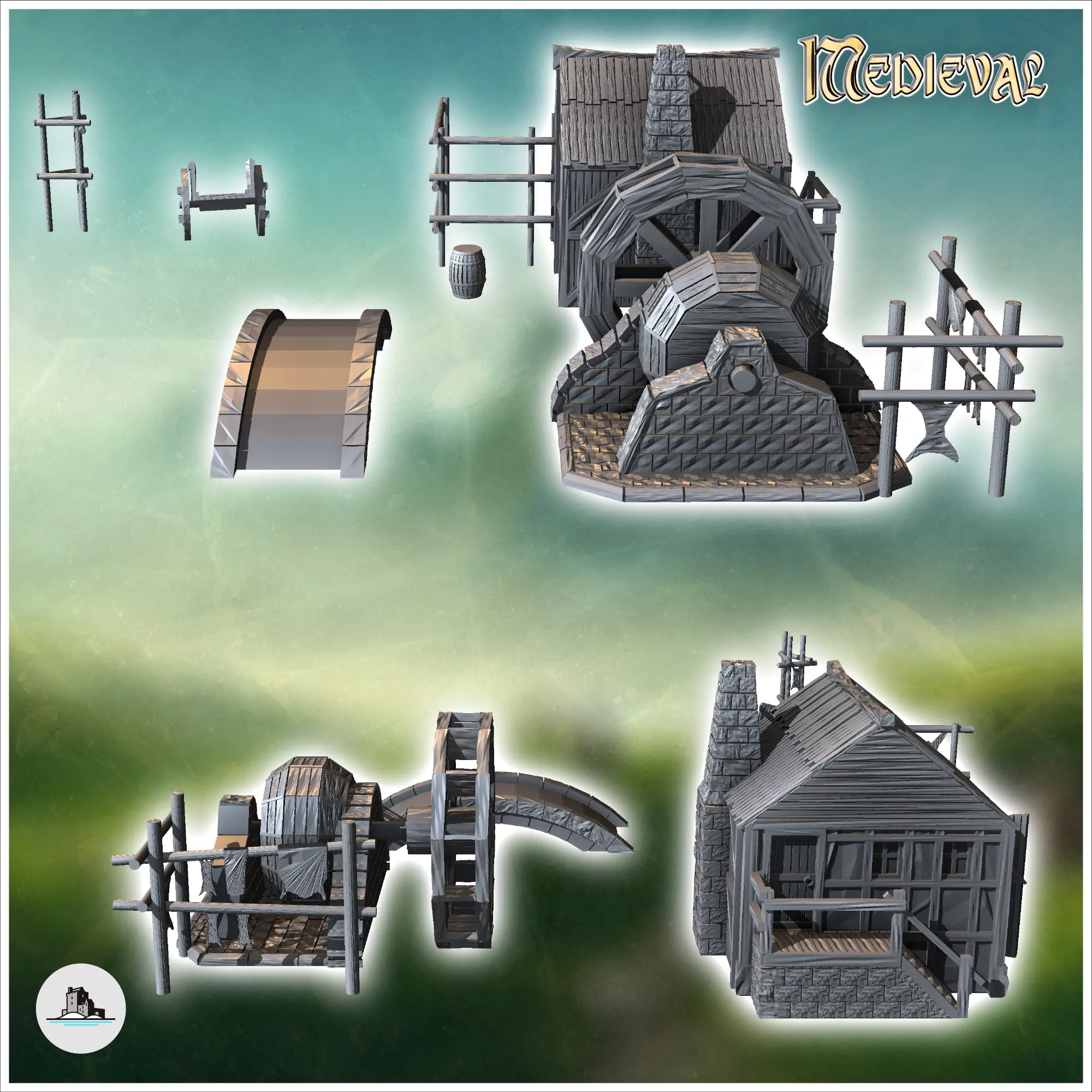 Medieval house set with bridge, water mill and skin drying r