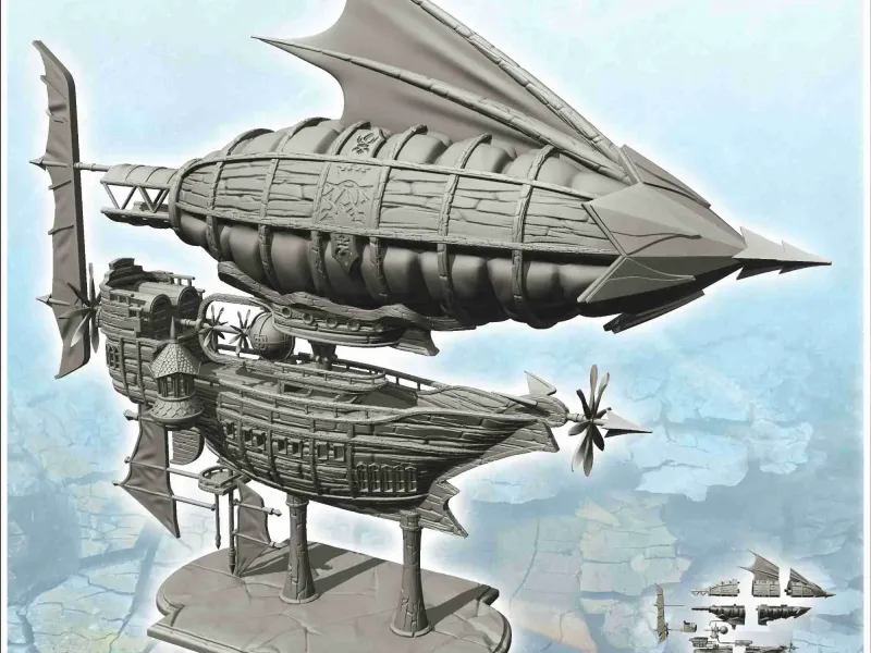 Gran barco volador steampunk con casco de madera y múltiples sa